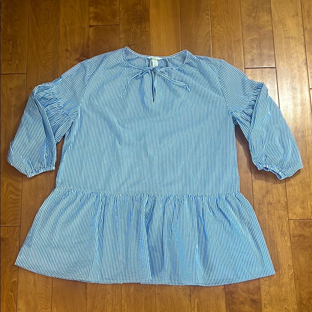 H&M Stripped Dress Size XL Blue Peplum Nautical Coastal Resort Travel Beach